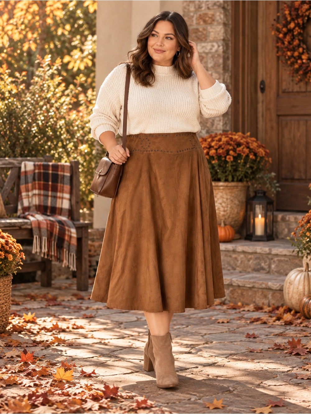 Coldwater Creek 2X Brown Faux Suede Grommet Midi Skirt Flaw